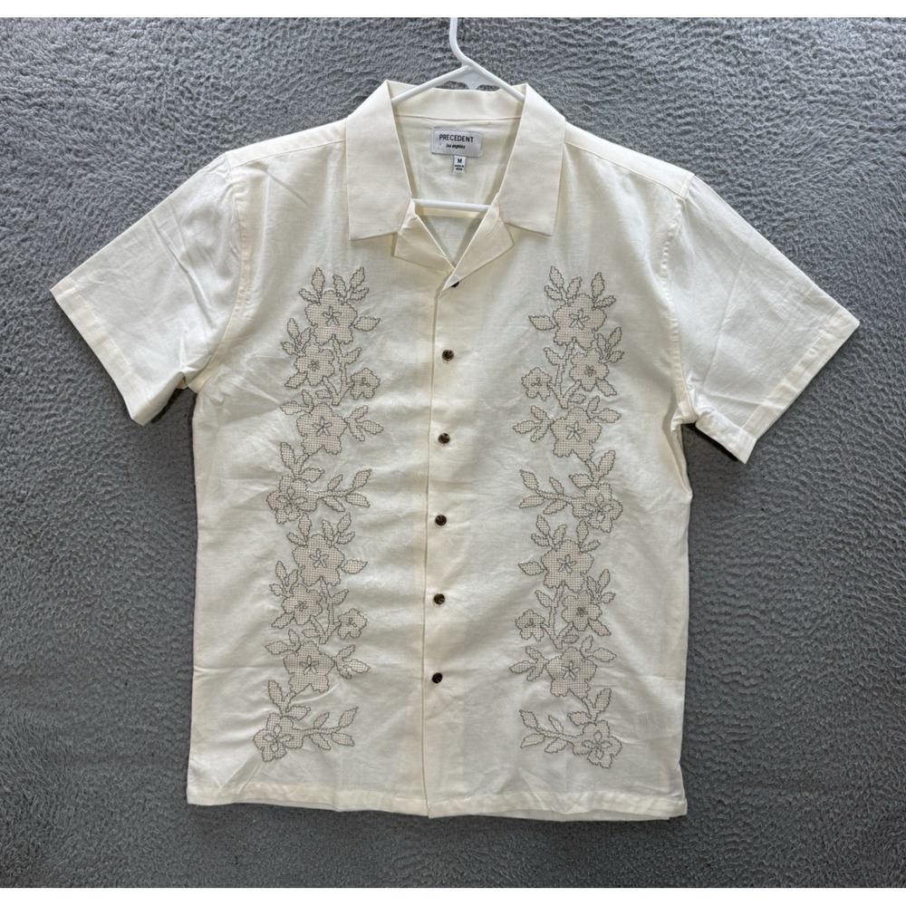 Precedent Shirt Adult Medium Tan Linen Blend Camp Embroidered Floral Wedding NEW